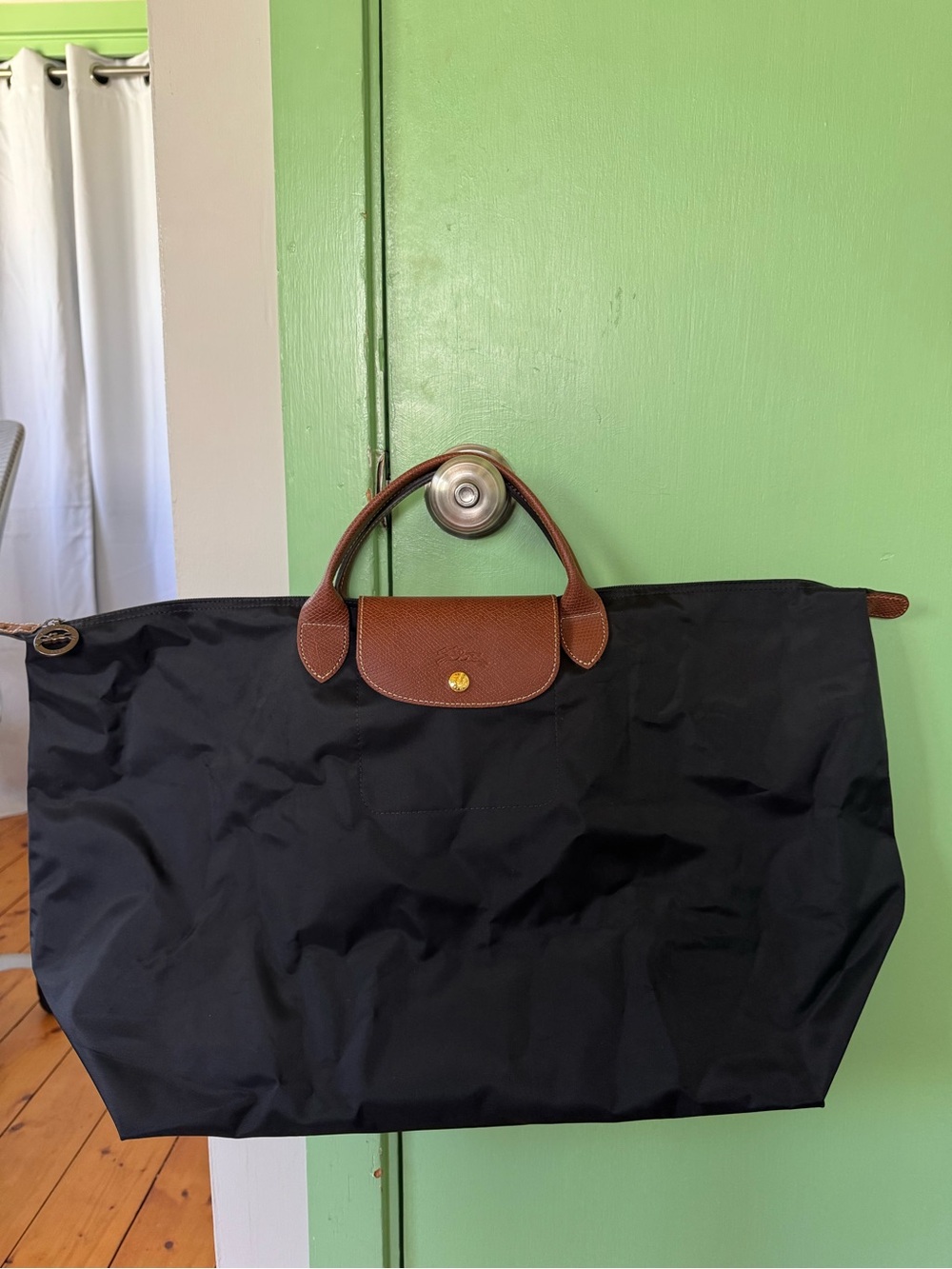 Longchamp Original Travel Bag Black Tote with Brown Leather Trim. Large size.